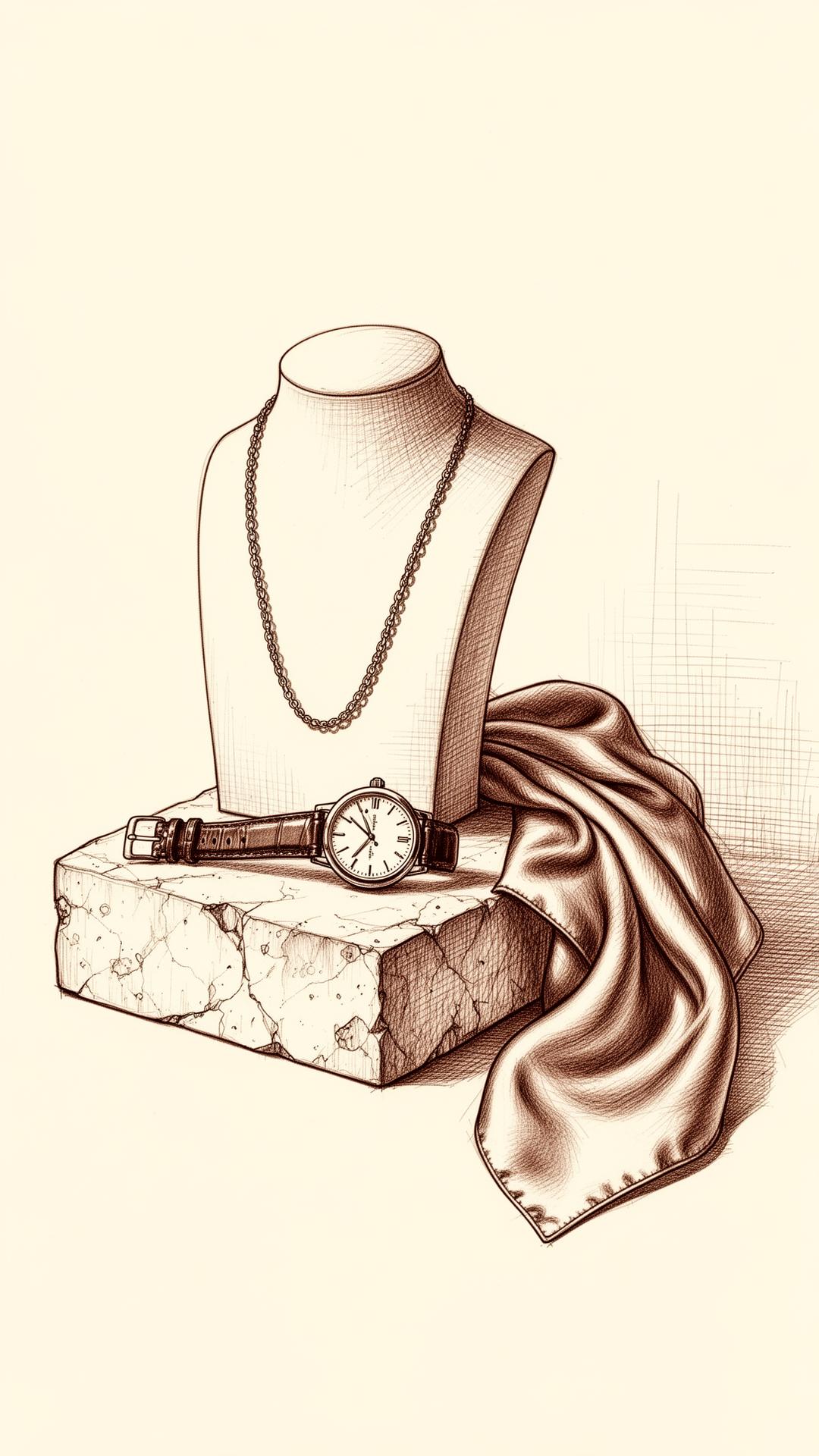 Sketch still life of jewellery, watch and silk